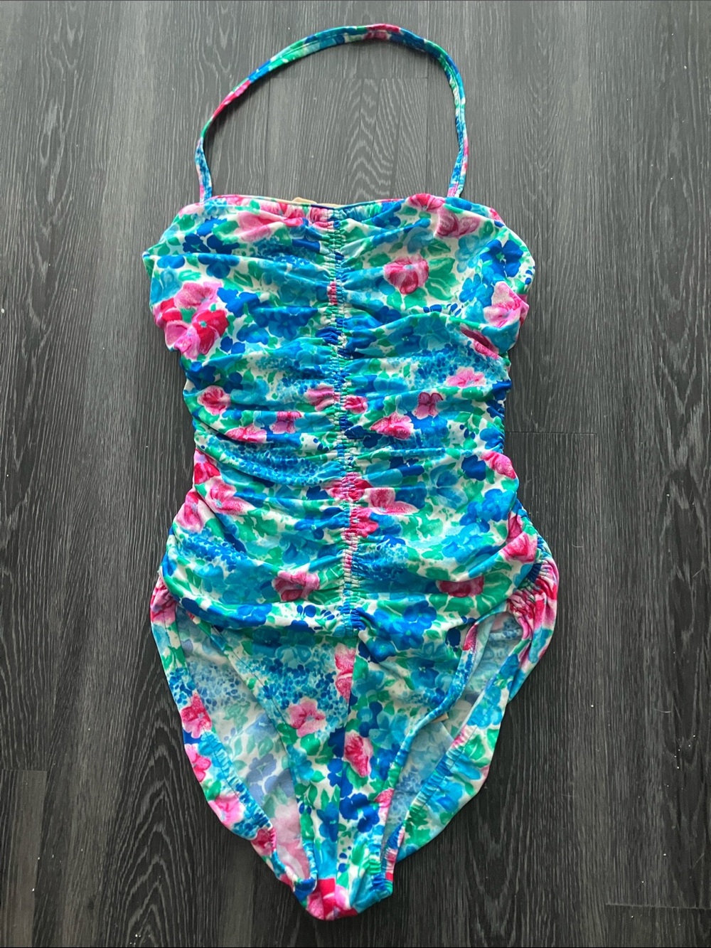 Vintage 80s Bright Blue & Pink Watercolor Floral One Piece Swimsuit